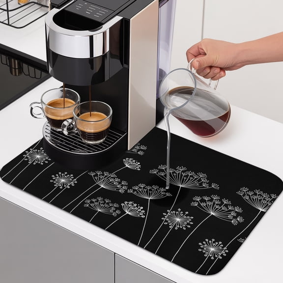 Dandelion Dish Drying Mats for Kitchen Counter, Spring White Dandelion Floral Black Background Absorbent Coffee Bar Mat with Non-slip Rubber Backed Quick Drying Dish Rack Pad 12"x16"