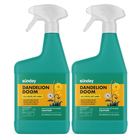 Dandelion Doom Selective Weed Control - Derived from Iron - Selective Broadleaf Weed Killer Spray - Kills Dandelions, Algae and Moss - 32oz - 2 Pack