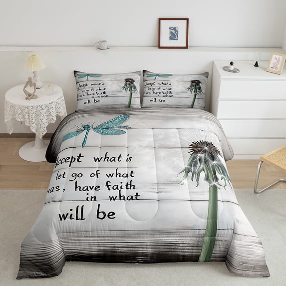 Dandelion Dragonfly Bedding Set,Garden Wildlife Comforter Set Twin Size Teens Adults,Vintage Patchwork Bed Set,Wooden Plank Down Comforter Bedroom Decor