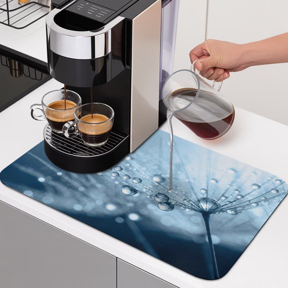 Dandelion Droplets Dish Drying Mats for Kitchen Counter, Minimalist Sky Blue Dandelion Absorbent Coffee Bar Mat with Non-slip Rubber Backed Quick Drying Dish Rack Pad 12"x16"