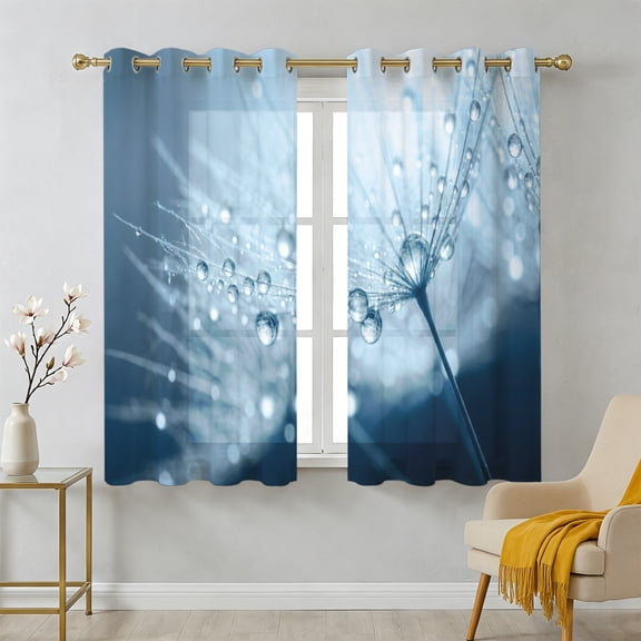 Dandelion Droplets Sheer Curtains 39 Inch Long 2 Panels, Minimalist Sky Blue Dandelion Light Filtering Semi Sheer Drapes Grommet Voile Window Curtain for Living Bedroom W27.9 x L39