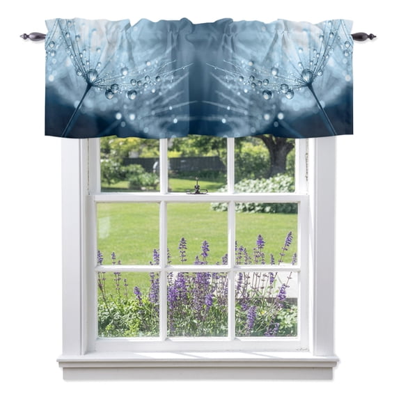 Dandelion Droplets Window Valance for Kitchen, Minimalist Sky Blue Dandelion Rod Pocket Short Curtains for Bathroom Bedroom Small Window, Light Filtering Decorative Valances, 42 x 12 Inches