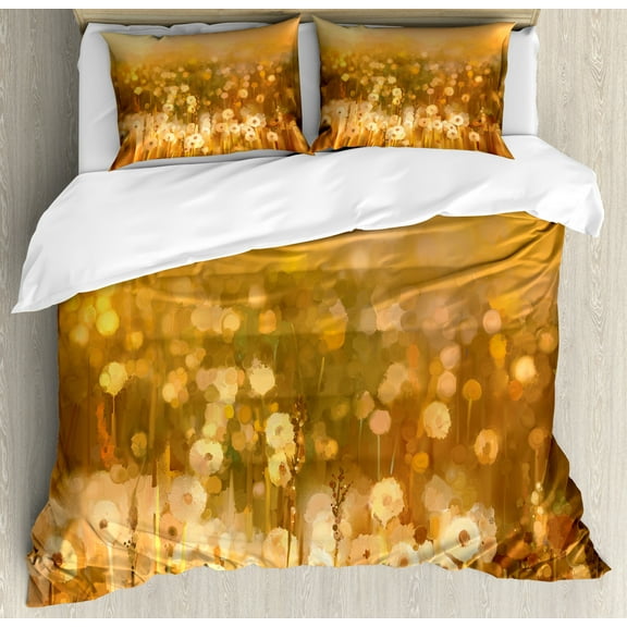 Dandelion Duvet Cover Set King Size, Vintage Flowers in Meadows at Sunset Springtime Oil Painting Style, Decorative 3 Piece Bedding Set with 2 Pillow Shams, Pale Orange Green Brown, by Ambesonne