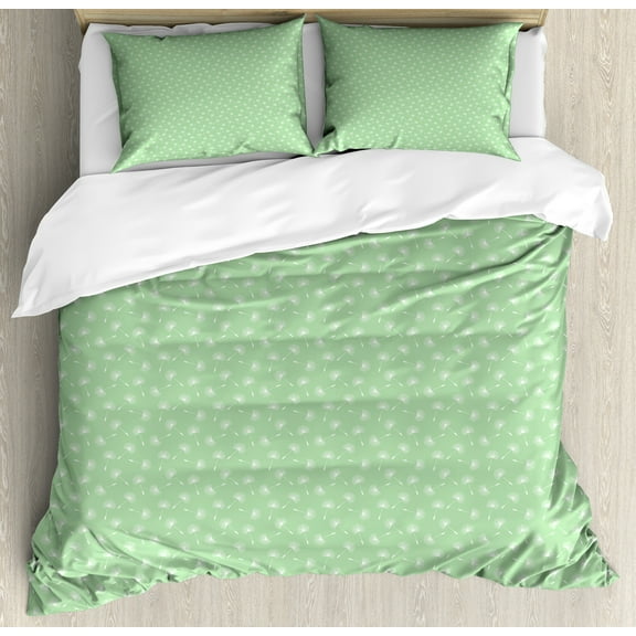 Dandelion Duvet Cover Set, Repetitive Floating Floral on Pastel Tone Backdrop Illustration, Decorative 3 Piece Bedding Set with 2 Pillow Shams, Calking Size, Pale Green and White, by Ambesonne
