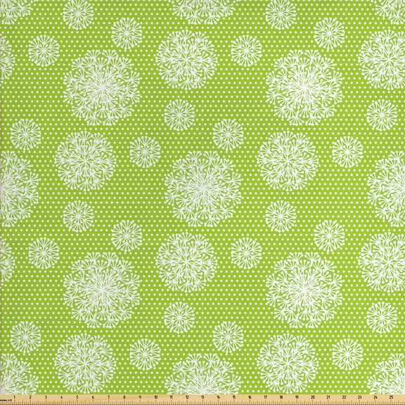 Dandelion Fabric by the Yard Upholstery, Repetitive Monochrome Pattern of Botanical on Polka Dots, Decorative Fabric for DIY and Home Accents, 1 Yard, Apple Green and White by Ambesonne