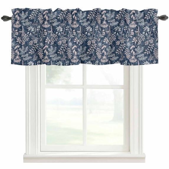 Dandelion Farmhouse Short Window Curtain Valances, Navy Blue Flowers Modern Minimalist Spring Rod Pocket Kitchen Valances for Living Room Bedroom Bathroom Cafe 60" x 18"