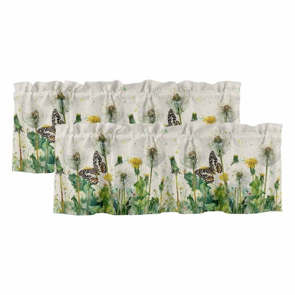 Dandelion Field 2 Panels Kitchen Valance, Yellow Flower Monarch Butterfly Botanical Linen Texture Curtains Valances for Small Windows Rod Pocket Window Treatments for Living Room Bedroom 42"W x 12"L