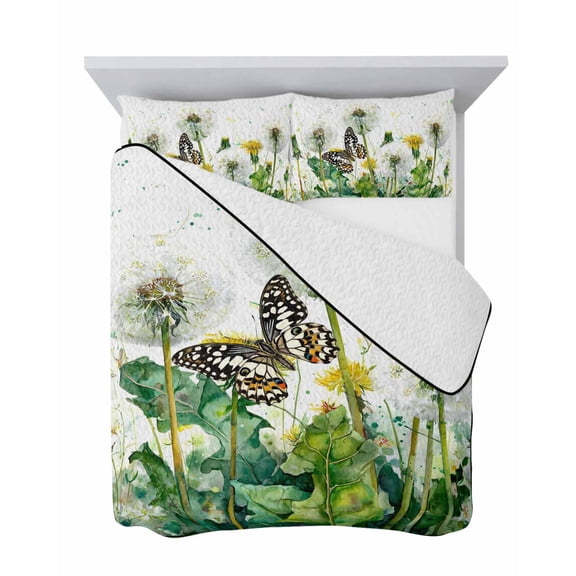 Dandelion Field 3 Piece Quilt Set Queen Size, Abstract Yellow Flower Monarch Butterfly Botanical Soft Bedspread Coverlet Bedding Set Microfiber Comforter Set with 2 Pillowcases for Bedroom