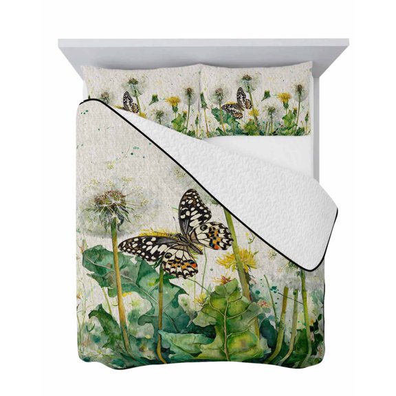 Dandelion Field 3 Piece Quilt Set Twin Size, Yellow Flower Monarch Butterfly Botanical Linen Texture Soft Bedspread Coverlet Bedding Set Microfiber Comforter Set with 2 Pillowcases for Bedroom