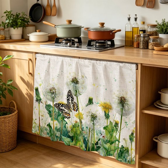 Dandelion Field Cabinet Curtains for Kitchen 35"Wx35"L, Yellow Flower Monarch Butterfly Botanical Linen Texture Sink Cabinets Magic Tape Short Curtain Privacy Panel for Bathroom Vanity Cabinets