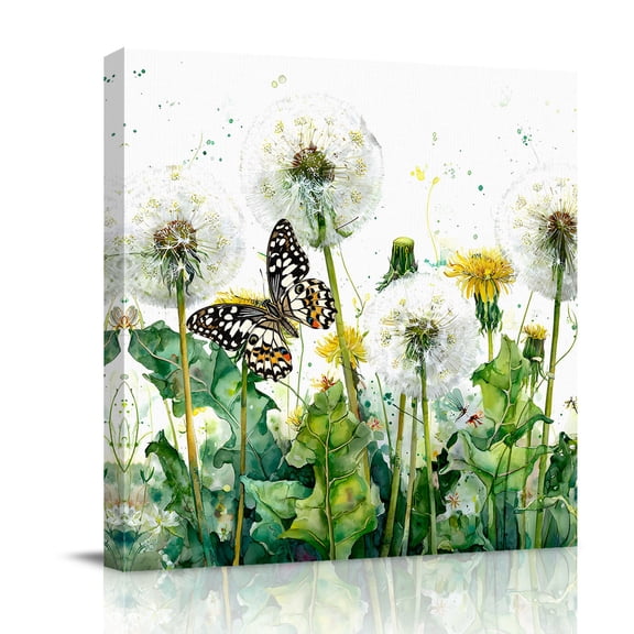 Dandelion Field Canvas Wall Art for Living Room, Abstract Yellow Flower Monarch Butterfly Botanical Poster Print Painting for Bedroom Office Home Decoration Wall Pictures Prepare To Hang 8"x8"