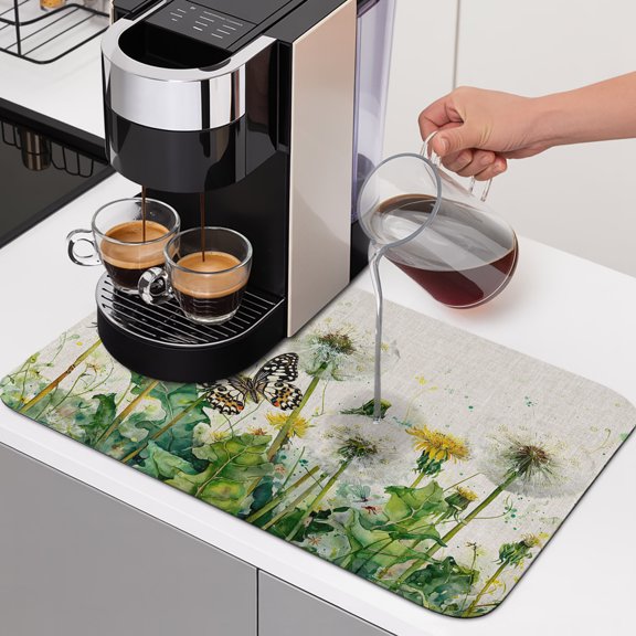 Dandelion Field Dish Drying Mats for Kitchen Counter, Yellow Flower Monarch Butterfly Botanical Linen Texture Absorbent Coffee Bar Mat with Non-slip Rubber Backed Quick Drying Dish Rack Pad 12"x16"
