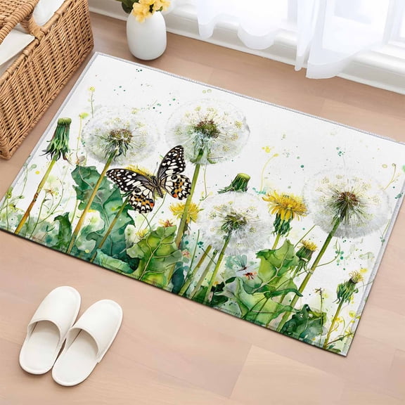 Dandelion Field Entryway Rug 2'x3' Abstract Yellow Flower Monarch Butterfly Botanical Small Area Rug Non-Slip Front Door Mat Washable Floor Carpet for Indoor Entrance Kitchen Bathroom