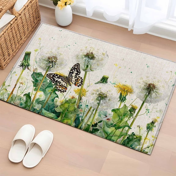 Dandelion Field Entryway Rug 2'x3' Yellow Flower Monarch Butterfly Botanical Linen Texture Small Area Rug Non-Slip Front Door Mat Washable Floor Carpet for Indoor Entrance Kitchen Bathroom