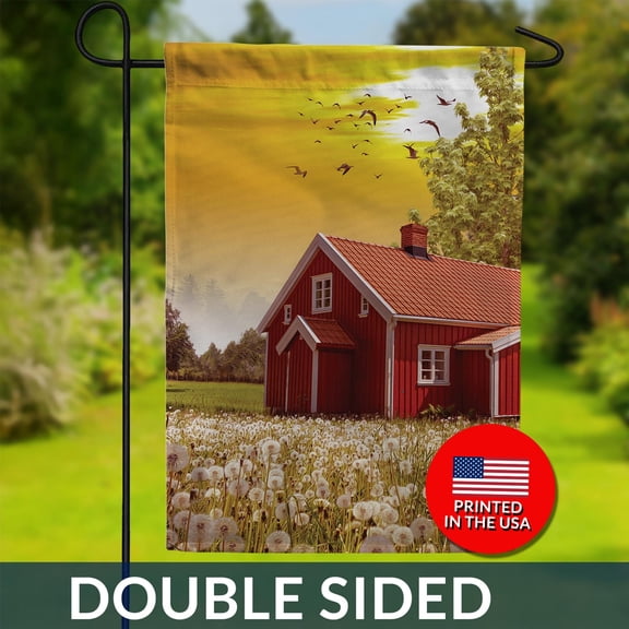 Dandelion Field House Flag Double Sided Country Sunset