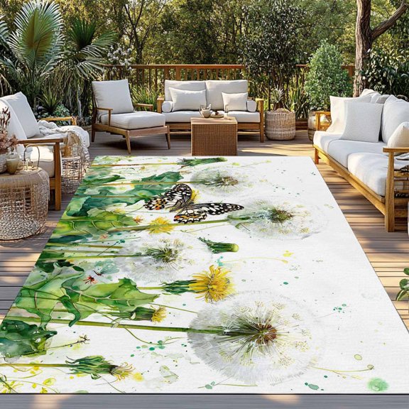 Dandelion Field Indoor Outdoor Rugs 3x5 Ft, Abstract Yellow Flower Monarch Butterfly Botanical Outdoor Patio Rugs Mat Washable Outside Area Rugs Carpet for Porch Deck RV Camping Pool Balcony Backyard