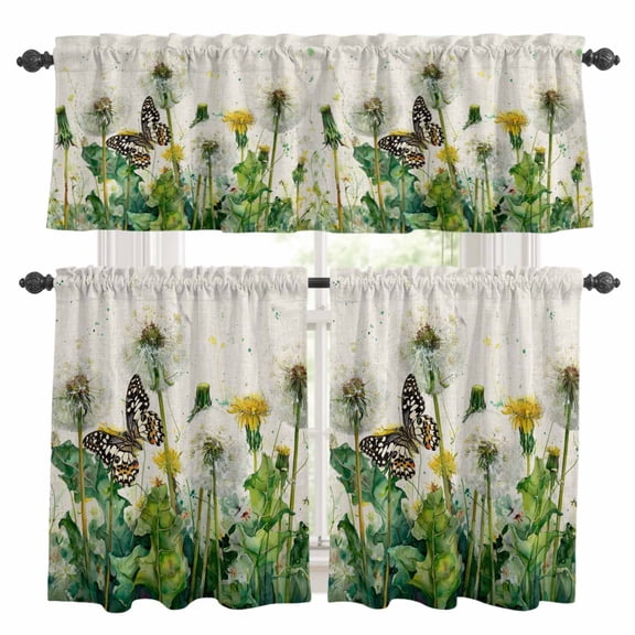 Dandelion Field Kitchen Curtains and Valances Set, Yellow Flower Monarch Butterfly Botanical Linen Rod Pocket Window Valance Window Curtain Panels for Living Room Bedroom Laundry, 27.5x36in, 3 Pieces
