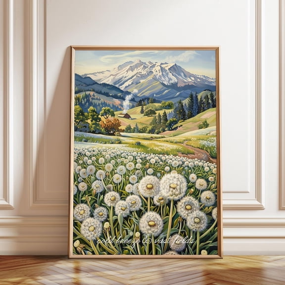 Dandelion Field Mountain Landscape Countryside Wall Decor, Unframed Paper Poster 8x10in
