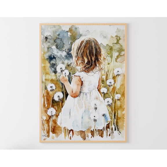 Dandelion Field Poster: Child Art, Meadow Wall Decor, Stretched Canvas Size 8x12