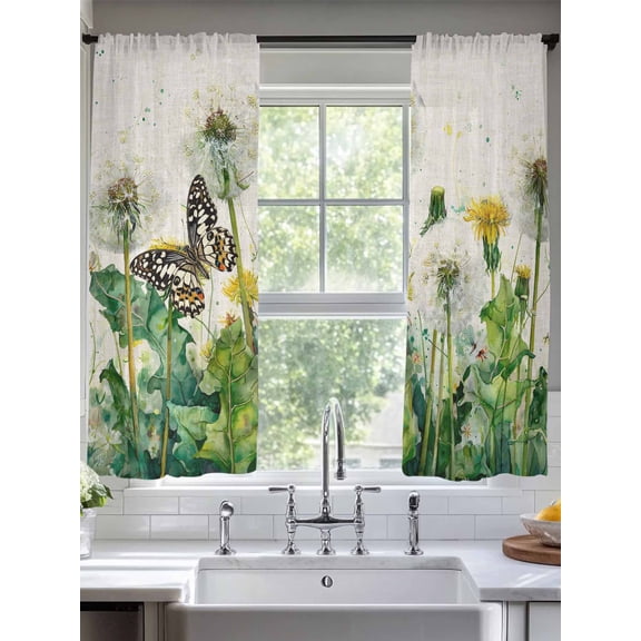 Dandelion Field Sheer Curtains 63 inches Long, Yellow Flower Monarch Butterfly Botanical Linen Texture Light Filtering Sheer Window Curtains Rod Pocket Voile Drapes for Bedroom Living Room, 2 Panels