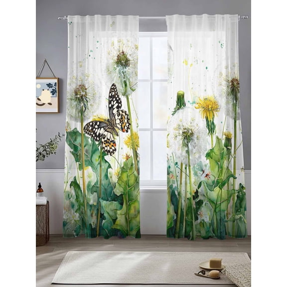 Dandelion Field Sheer Curtains 84 inches Long, Abstract Yellow Flower Monarch Butterfly Botanical Light Filtering Sheer Window Curtains Rod Pocket Voile Drapes for Bedroom Living Room, 2 Panels