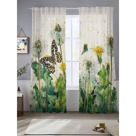 Dandelion Field Sheer Curtains 84 inches Long, Yellow Flower Monarch Butterfly Botanical Linen Texture Light Filtering Sheer Window Curtains Rod Pocket Voile Drapes for Bedroom Living Room, 2 Panels