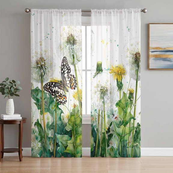 Dandelion Field Sheer Curtains for Living Room Bedroom, Abstract Yellow Flower Monarch Butterfly Botanical Light Filtering Sheer Curtain Rod Pocket Voile Window Treaments Drapes, 52 x 108 Inches