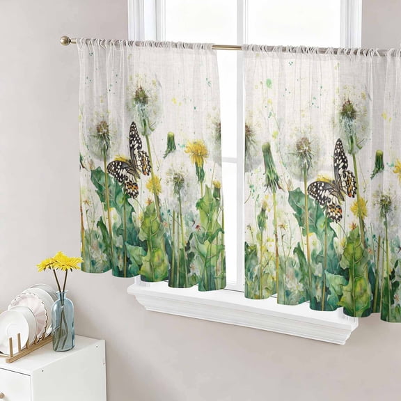 Dandelion Field Sheer Curtains for Living Room Bedroom, Yellow Flower Monarch Butterfly Botanical Linen Texture Light Filtering Sheer Curtain Rod Pocket Voile Window Treaments Drapes, 52 x 54 Inches