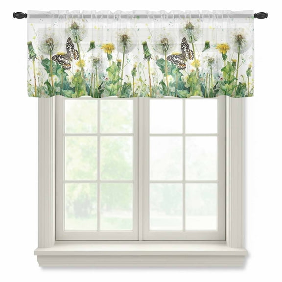 Dandelion Field Sheer Valances for Windows, Abstract Yellow Flower Monarch Butterfly Botanical Semi Sheer Kitchen Valance Rod Pocket Small Voile Window Curtains for Living Room Bedroom 60 x 18 Inch