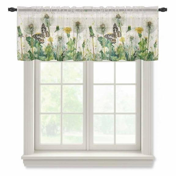 Dandelion Field Sheer Valances for Windows, Yellow Flower Monarch Butterfly Botanical Linen Texture Semi Sheer Kitchen Valance Rod Pocket Small Voile Window Curtains for Living Bedroom 42 x 12 Inch