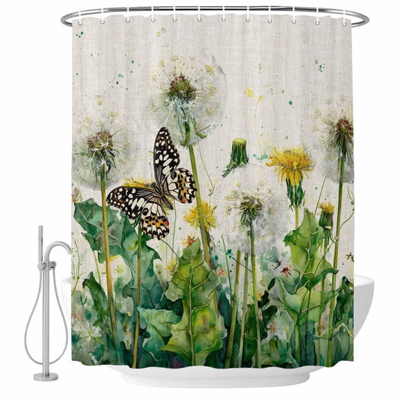 Dandelion Field Shower Curtain, 36"x72", Yellow Flower Monarch Butterfly Botanical Linen Texture Waterproof Bathroom Curtain Washable Shower Curtain Set with 12 Hooks
