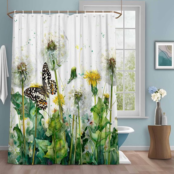 Dandelion Field Shower Curtain with Hooks, Abstract Yellow Flower Monarch Butterfly Botanical Water Repellent Shower Curtains for Bathroom Decor Sturdy Shower Curtain, Machine Washable 72x72 Inch