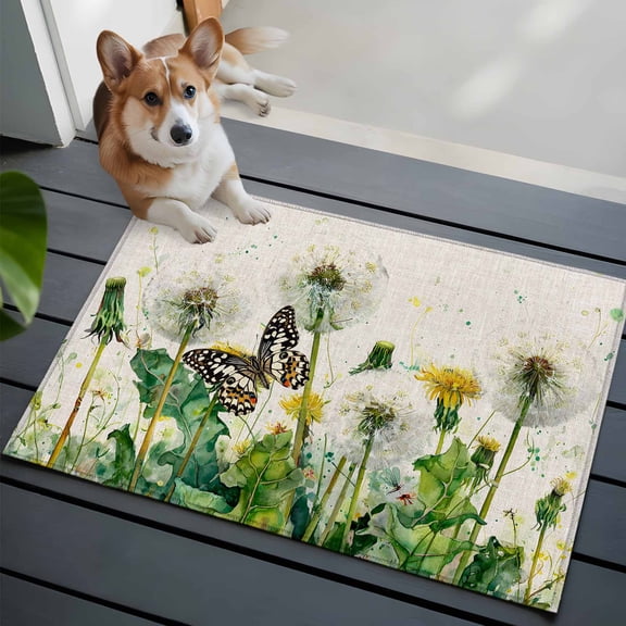 Dandelion Field Small Area Rugs 2x3 Yellow Flower Monarch Butterfly Botanical Linen Texture Entryway Rugs Washable Door Mat, Low-Profile Area Rugs Floor Carpet for Living Room Bedroom Home Office