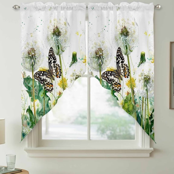 Dandelion Field Swag Kitchen Curtain Valances, Abstract Yellow Flower Monarch Butterfly Botanical Rod Pocket Curtains Window Treatment Decor Valances for Bedroom Bathroom, 2 Panels 28 x 36 Inch