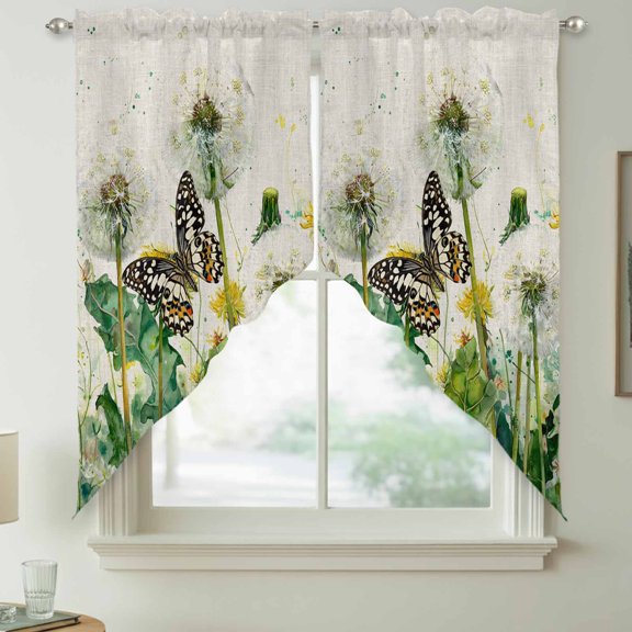 Dandelion Field Swag Kitchen Curtain Valances, Yellow Flower Monarch Butterfly Botanical Linen Texture Rod Pocket Curtains Window Treatment Decor Valances for Bedroom Bathroom, 2 Panels 28 x 36 Inch