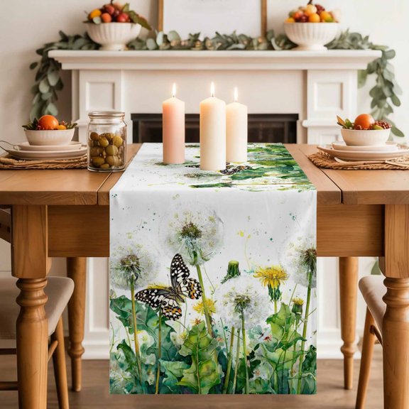 Dandelion Field Table Runner, Abstract Yellow Flower Monarch Butterfly Botanical Washable Cotton-linen Table Runners Dining Kitchen Decoration for Everyday Home Wedding Party Decor, 13 x 36 Inch