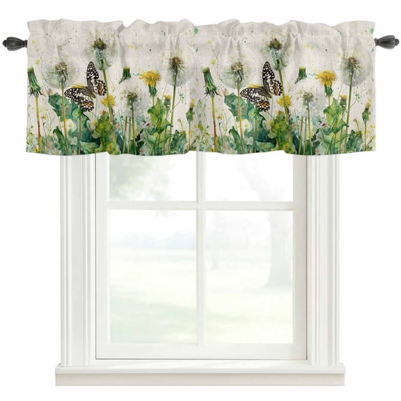 Dandelion Field Valances for Windows Yellow Flower Monarch Butterfly Botanical Linen Texture Rod Pocket Curtain Valance Window Treatment Short Curtains for Kitchen Living Room, 42"x18"