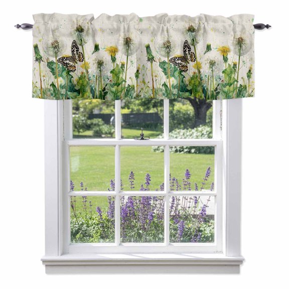 Dandelion Field Valances for Windows, Yellow Flower Monarch Butterfly Botanical Linen Texture Rod Pocket Valance Short Window Treatments Curtains for Kitchen Bathroom Bedroom Decor, 42 x 18 Inches