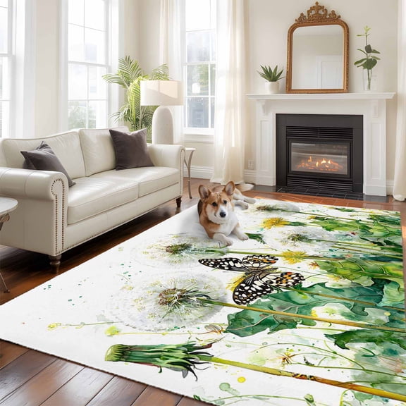Dandelion Field Washable Area Rug 6x9 Abstract Yellow Flower Monarch Butterfly Botanical Low-Profile Large Area Rugs Non Slip Backing Indoor Floor Carpet for Entrance Living Room Bedroom Home Office
