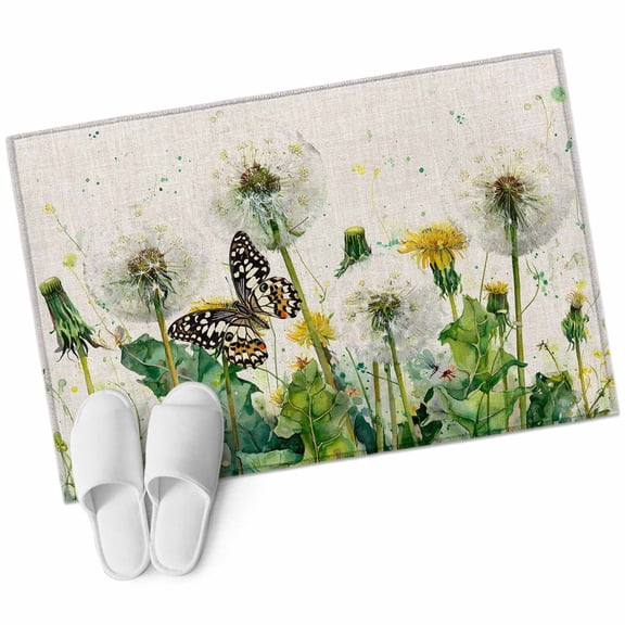 Dandelion Field Washable Small Entryway Area Rugs 2'x3', Yellow Flower Monarch Butterfly Botanical Linen Texture Low Pile Throw Rug Non-Slip Sturdy Edge Binding Carpet for Front Door Floor Room Entry
