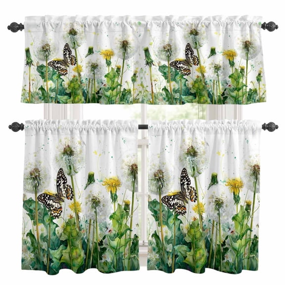 Dandelion Field Window Curtains Valance Set of 3 Abstract Yellow Flower Monarch Butterfly Botanical Rod Pocket Small Kitchen Curtain, Soft Window Treatment for Bedroom Party Holiday Decor