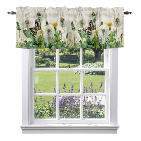 Dandelion Field Window Valance for Kitchen, Yellow Flower Monarch Butterfly Botanical Linen Texture Rod Pocket Short Curtains for Bathroom Bedroom, Light Filtering Decorative Valances, 42x12 Inch
