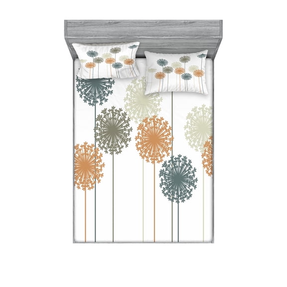 Dandelion Fitted Sheet & Pillow Sham Set, Abstract Wildflower Silhouettes Botanical Inspirations Meadow in Summer Season, Decorative Printed 6 Piece Bedding Decor Set, Full, Multicolor, by Ambesonne