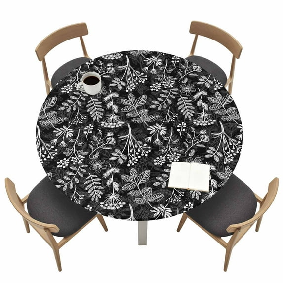 Dandelion Fitted Tablecloth with Elastic Edged, Round Table Cloth for Dining Table, Modern Minimalist Abstract Flowers Black Waterproof Oil Proof Table Cover for Indoor Outdoor 55"-60"