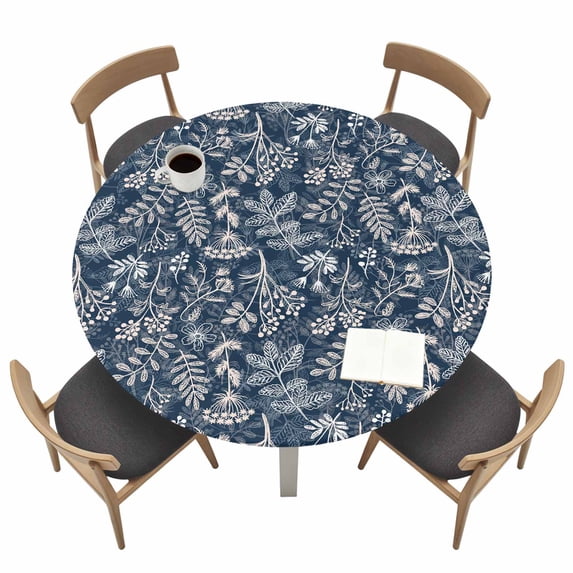 Dandelion Fitted Tablecloth with Elastic Edged, Round Table Cloth for Dining Table, Navy Blue Flowers Modern Minimalist Spring Waterproof Oil Proof Table Cover for Indoor Outdoor 55"-60"