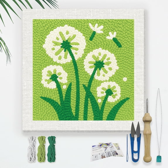 Dandelion Flower DIY Punch Needle Embroidery Kit Adult Beginner 9.4" Green Grass Punch Stitching Craft Set