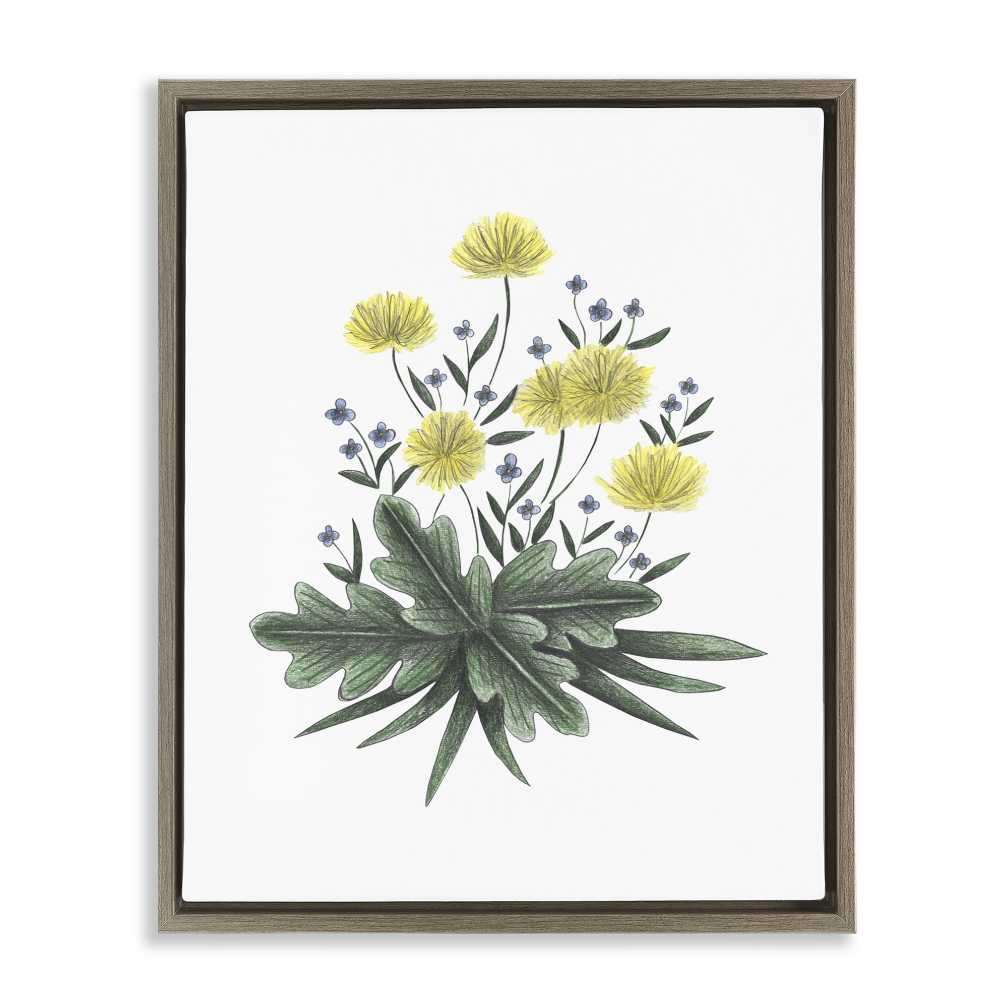 Dandelion Flower Illustration Brown Framed Floater Canvas Wall Art, design by Cecilia Battaini