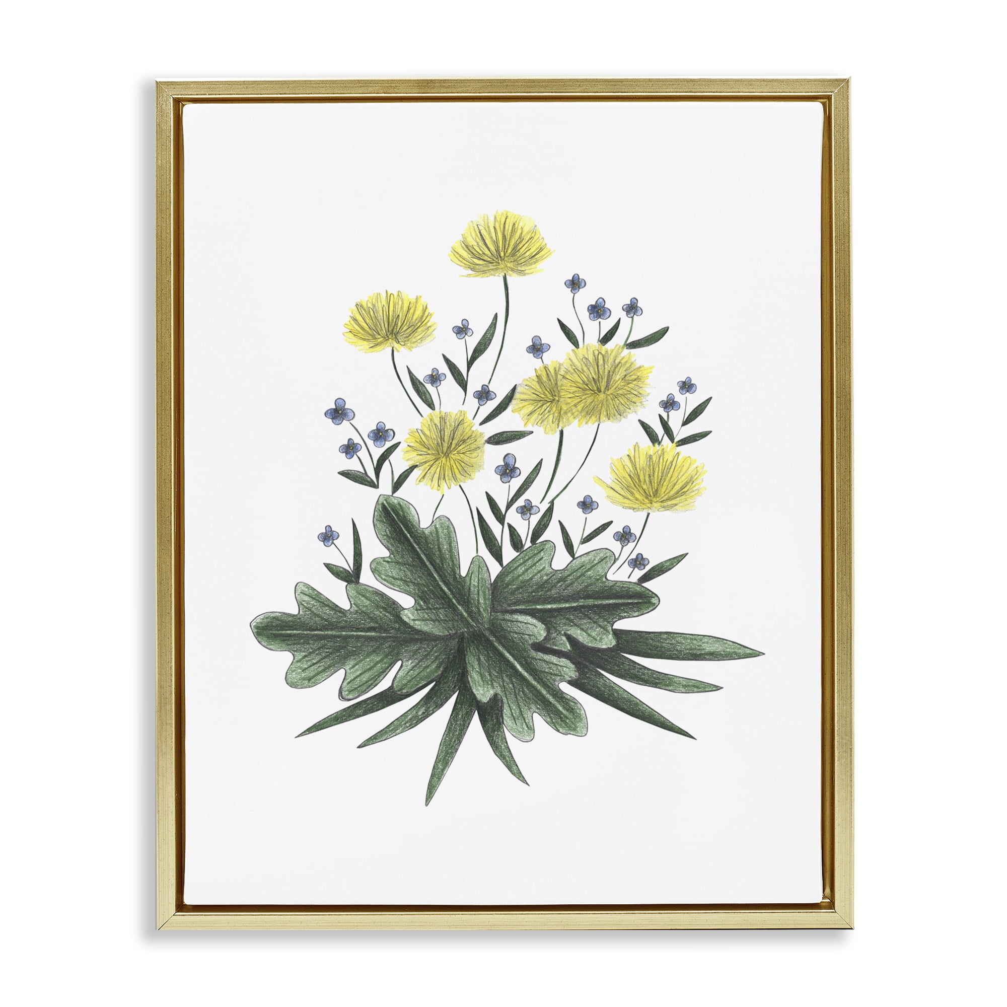 Dandelion Flower Illustration Gold Framed Floater Canvas Wall Art, design by Cecilia Battaini