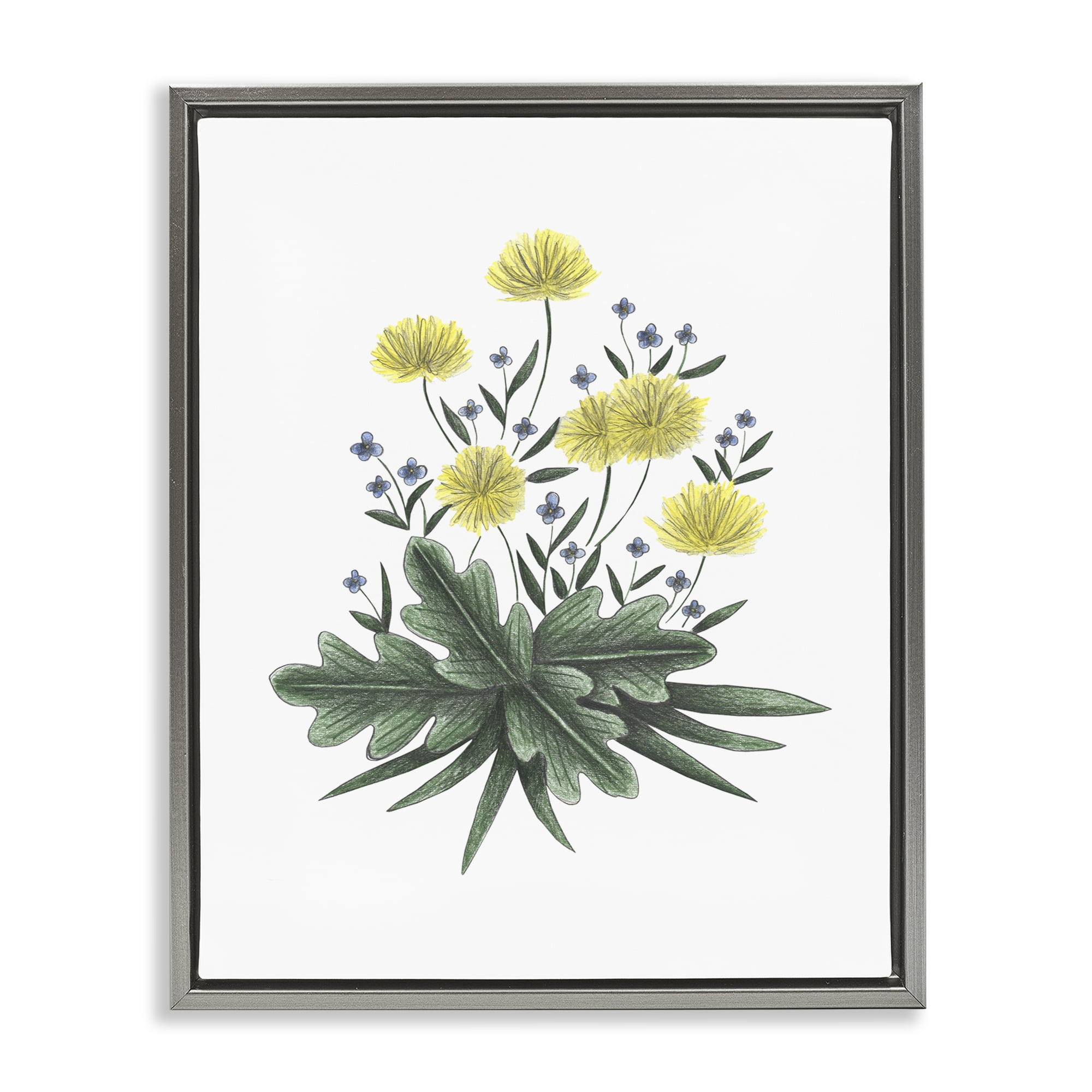 Dandelion Flower Illustration Gray Framed Floater Canvas Wall Art, design by Cecilia Battaini