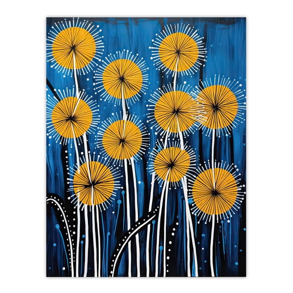 Dandelion Flower Seeds Gond Style Painting Blue Yellow Abstract Summer Meadow Patterns Extra Large XL Wall Art Poster Print